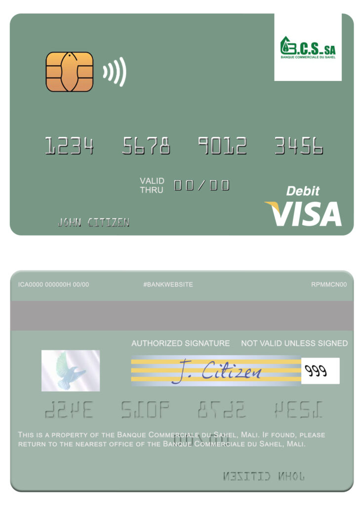 Fillable Mali Banque Commerciale du Sahel visa card Templates | Layer-Based PSD