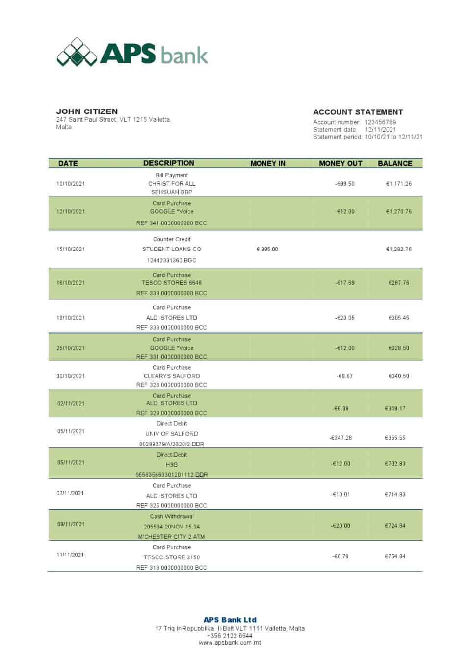 Malta APS bank statement template in Word and PDF format