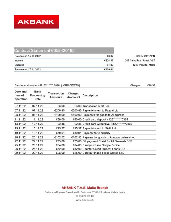 Malta Akbank bank statement Excel and PDF template 600x776 - Cart