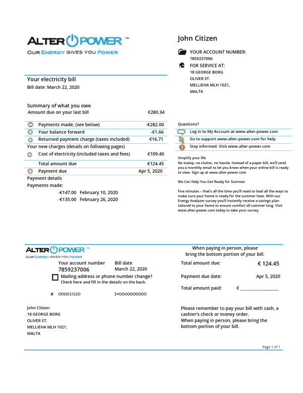 Malta AlterPower Malta proof of address utility bill template in Word and PDF format