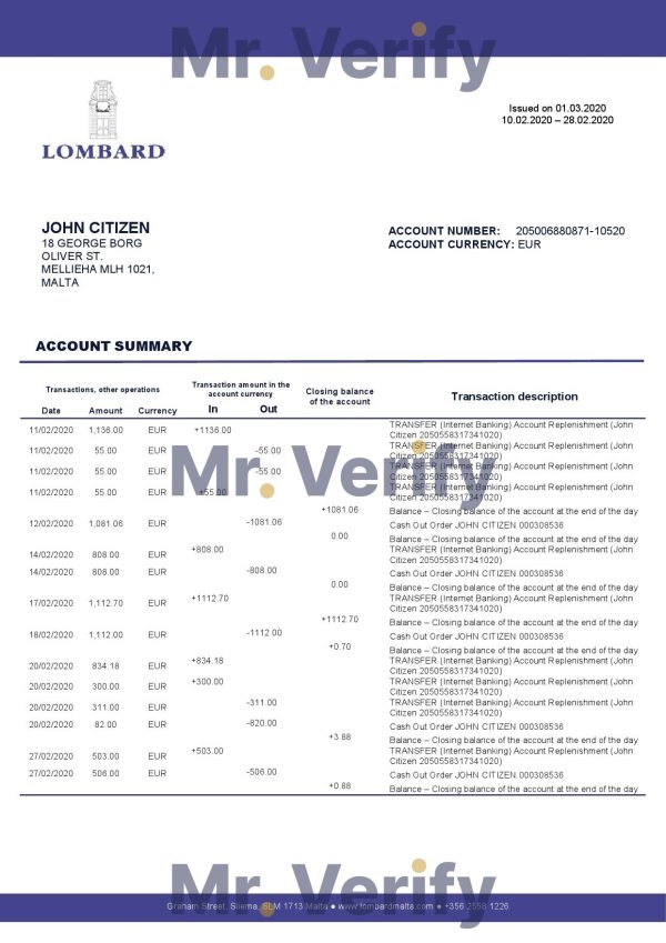 Montenegro NLB bank statement template, Word and PDF format (.doc and .pdf)