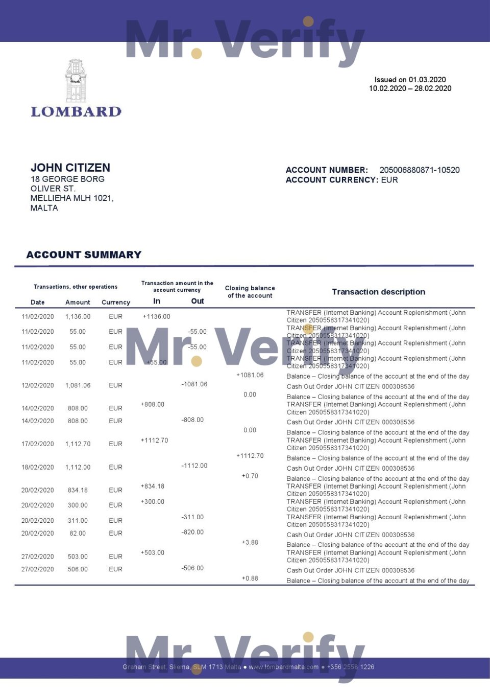 Malta Lombard Bank Malta p.l.c bank statement template in Word and PDF format