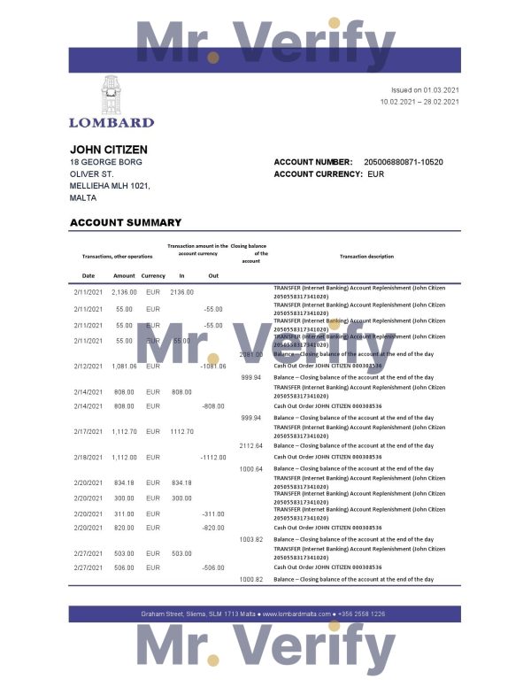 Malta Lombard Bank Malta p.l.c. bank statement easy to fill template in .xls and .pdf file format 600x776 - Cart