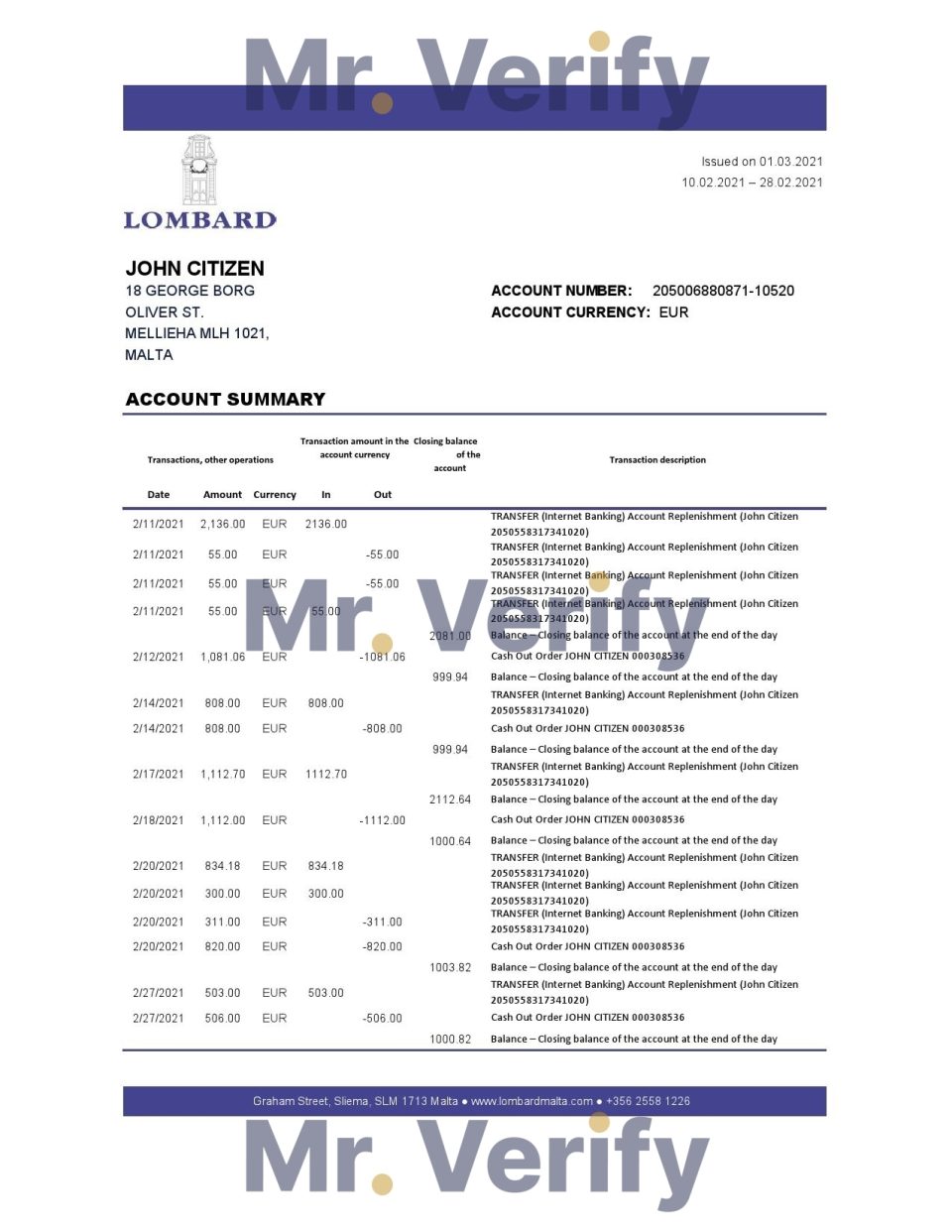 Malta Lombard Bank Malta p.l.c. bank statement easy to fill template in .xls and .pdf file format