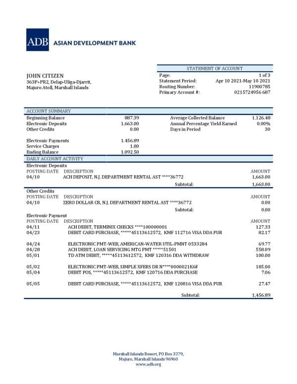 Marshall Islands ADB bank statement template in Word and PDF format