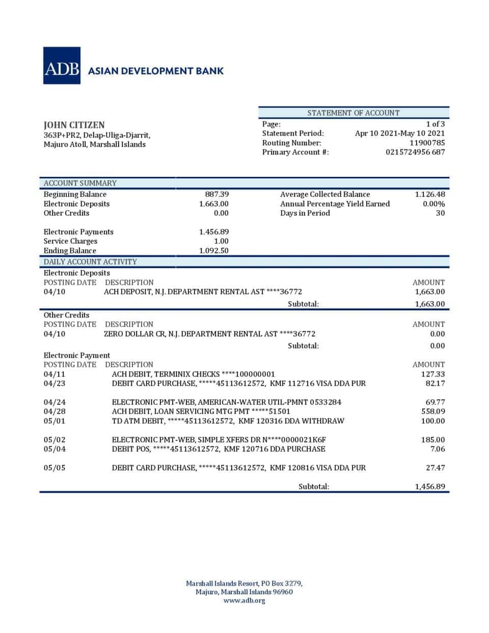 Marshall Islands ADB bank statement template in Word and PDF format