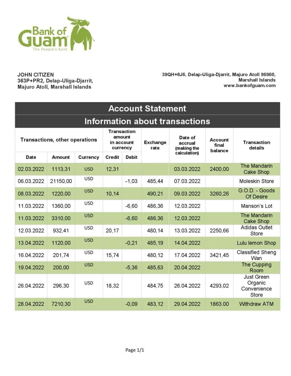 Marshall Islands Bank of Guam bank statement template in Word and PDF format