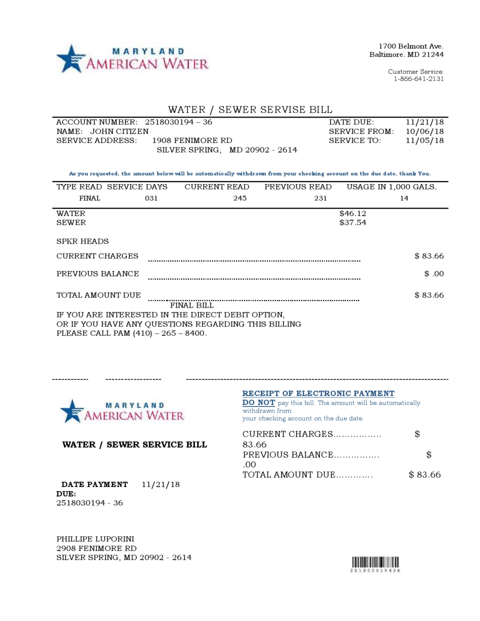 USA Maryland American water utility bill template in Word and PDF format