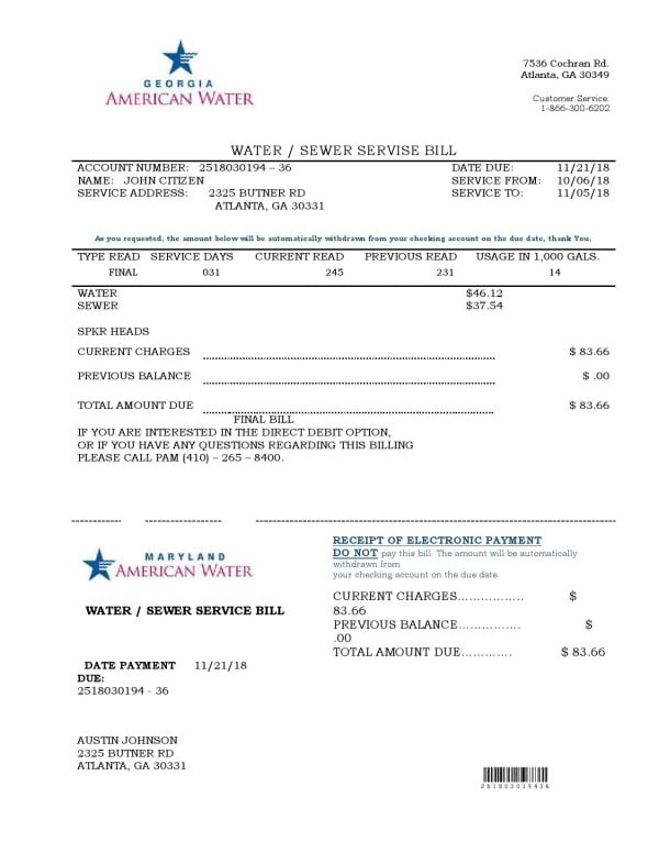 Usa Maryland Georgia water utility bill template in Word and PDF format