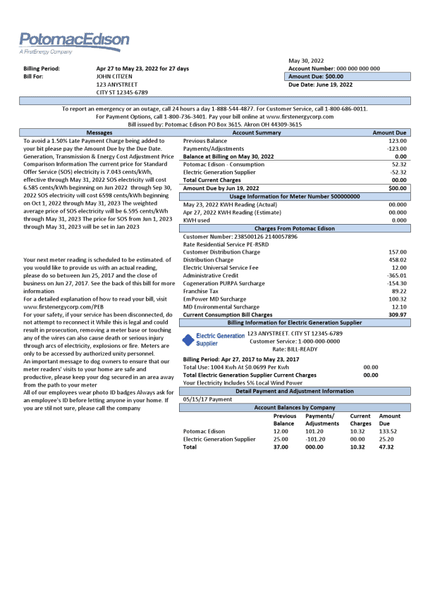 USA Maryland Potomac Edison utility bill, Word and PDF template, 2 pages