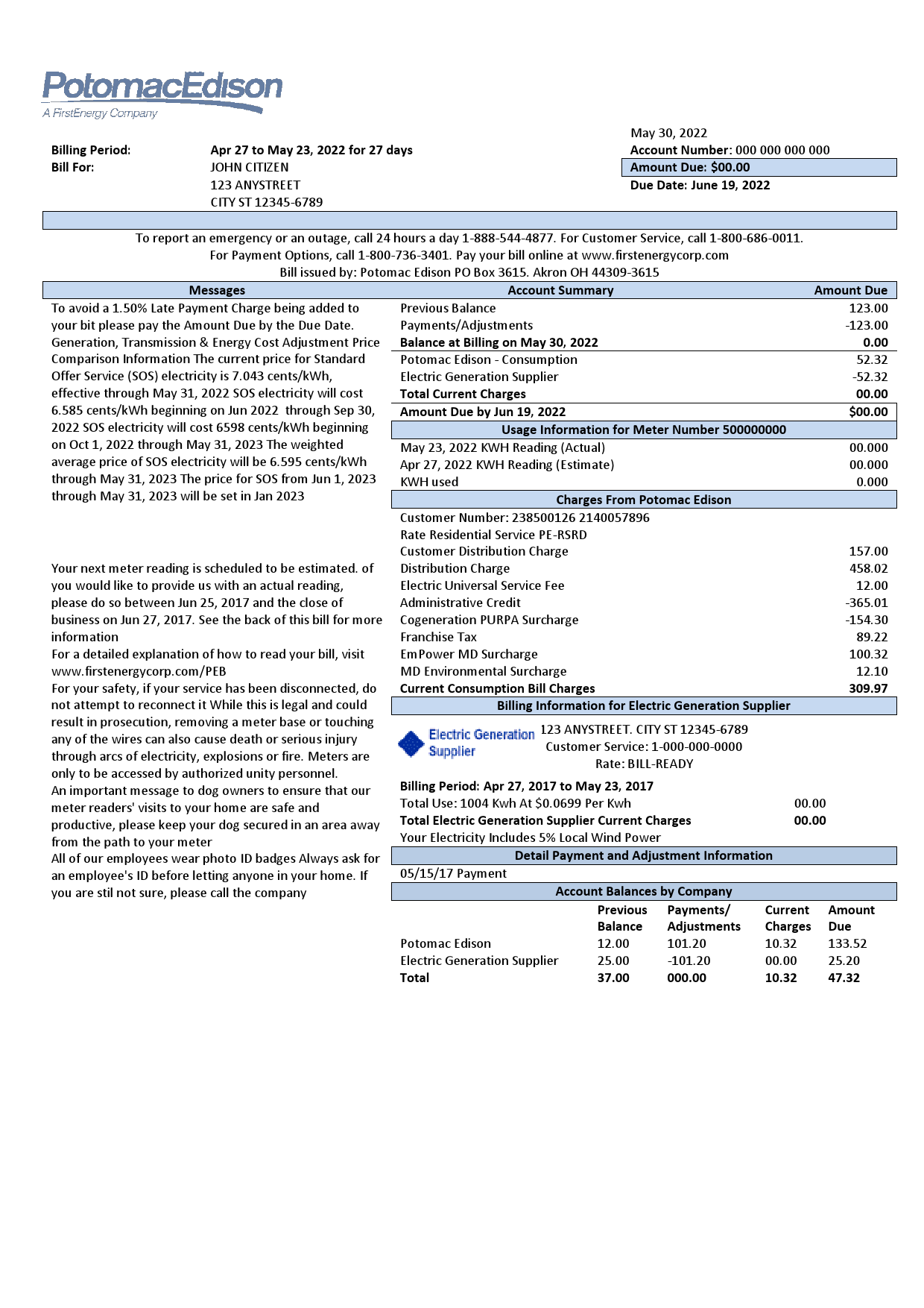 USA Maryland Potomac Edison utility bill, Word and PDF template, 2 pages