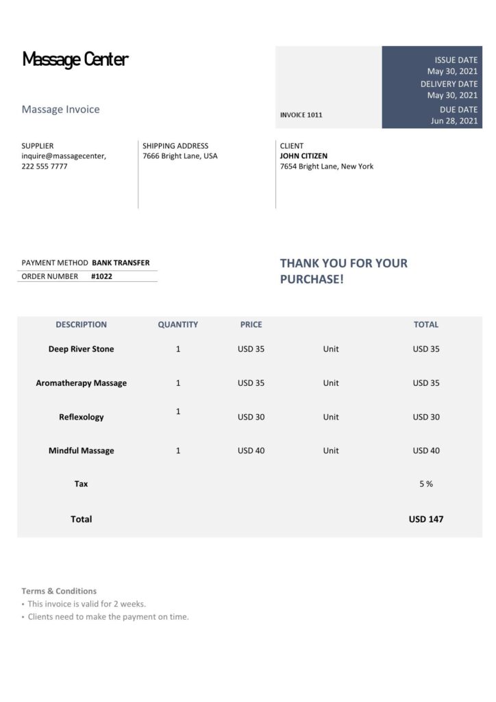 USA Massage Center invoice template in Word and PDF format, fully editable