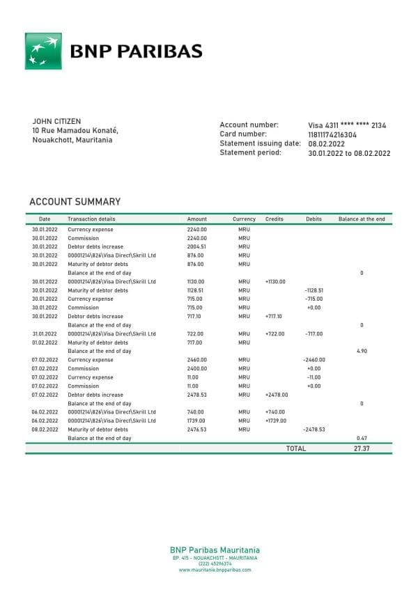 Mauritania BNP Paribas bank statement template in Word and PDF format