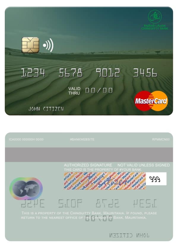 Editable Mauritania Chinguitty Bank mastercard credit card Templates in PSD Format