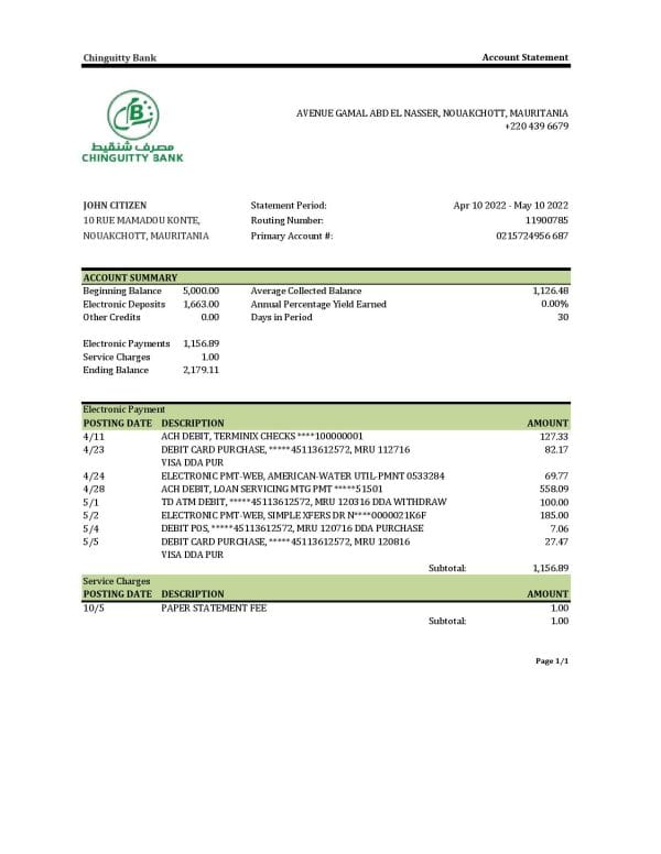 Mauritania Chinguitty bank statement Excel and PDF template