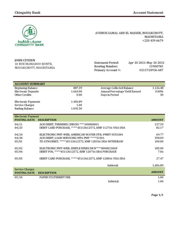 Mauritania Chinguitty bank statement template in Word and PDF format