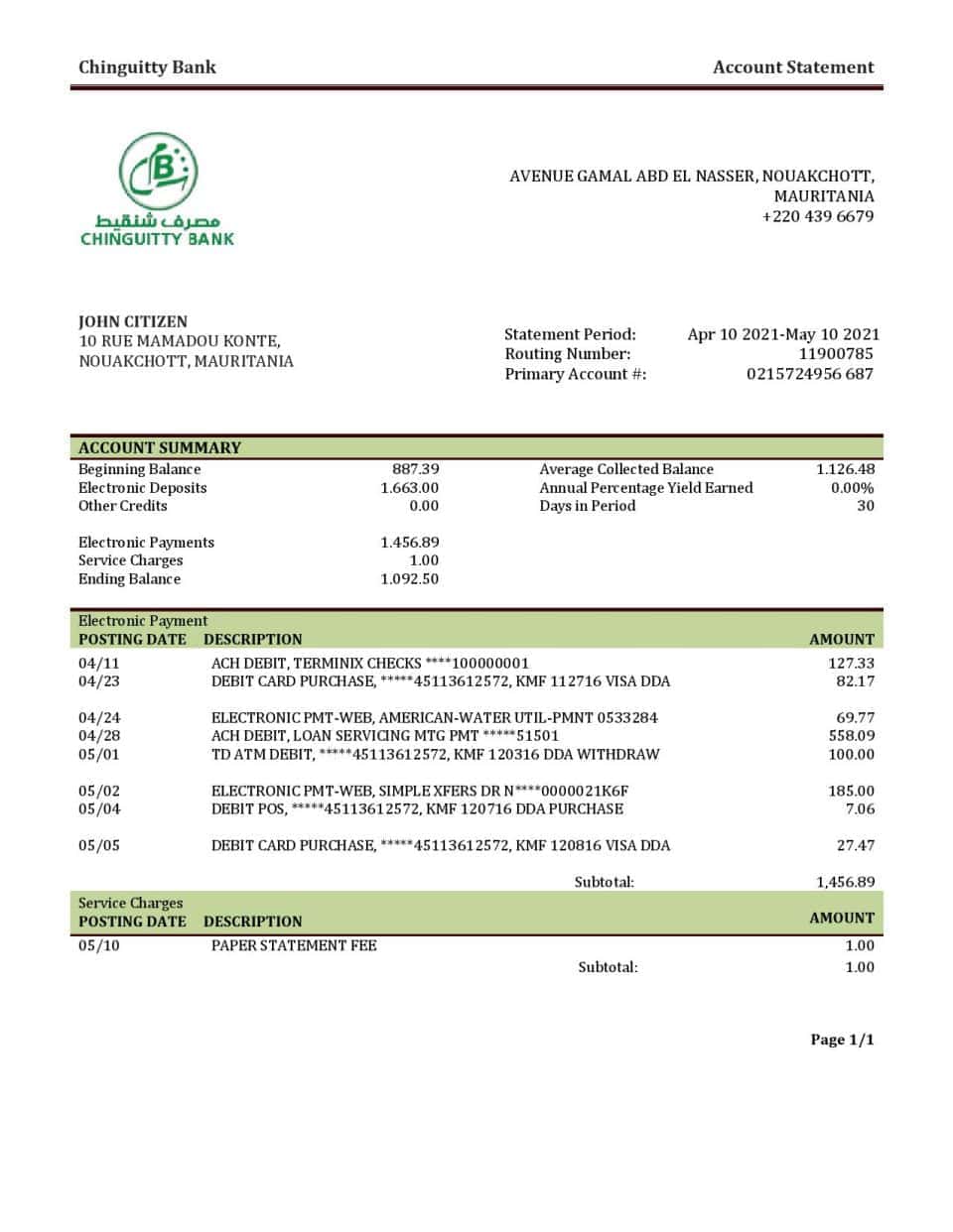Mauritania Chinguitty bank statement template in Word and PDF format