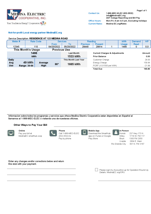 USA Texas Medina Electric utility bill template in Word and PDF format