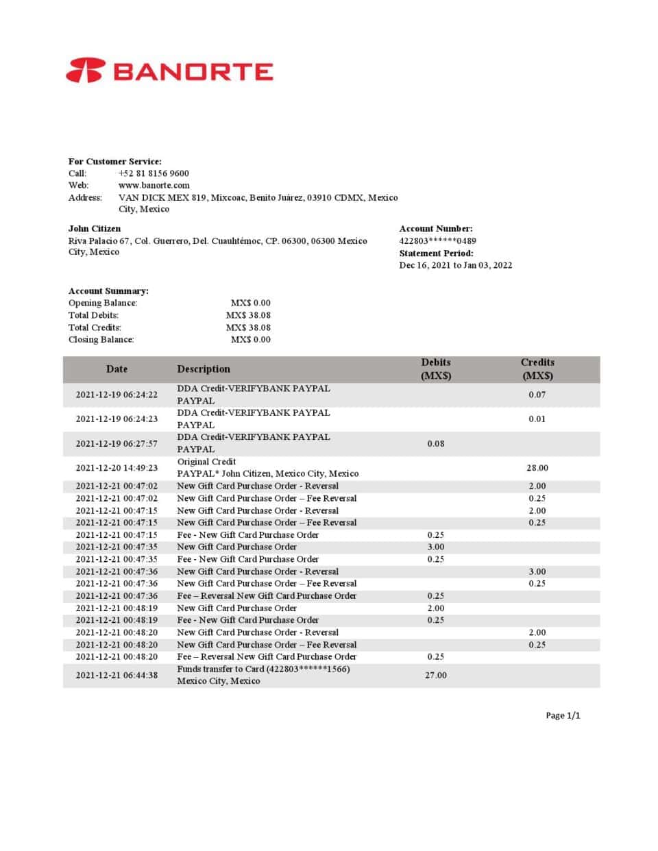 Mexico Banorte bank statement easy to fill template in Word and PDF format