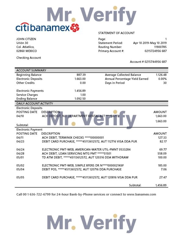 Mexico Citibanamex bank proof of address statement template in Word and PDF format 600x776 - Cart