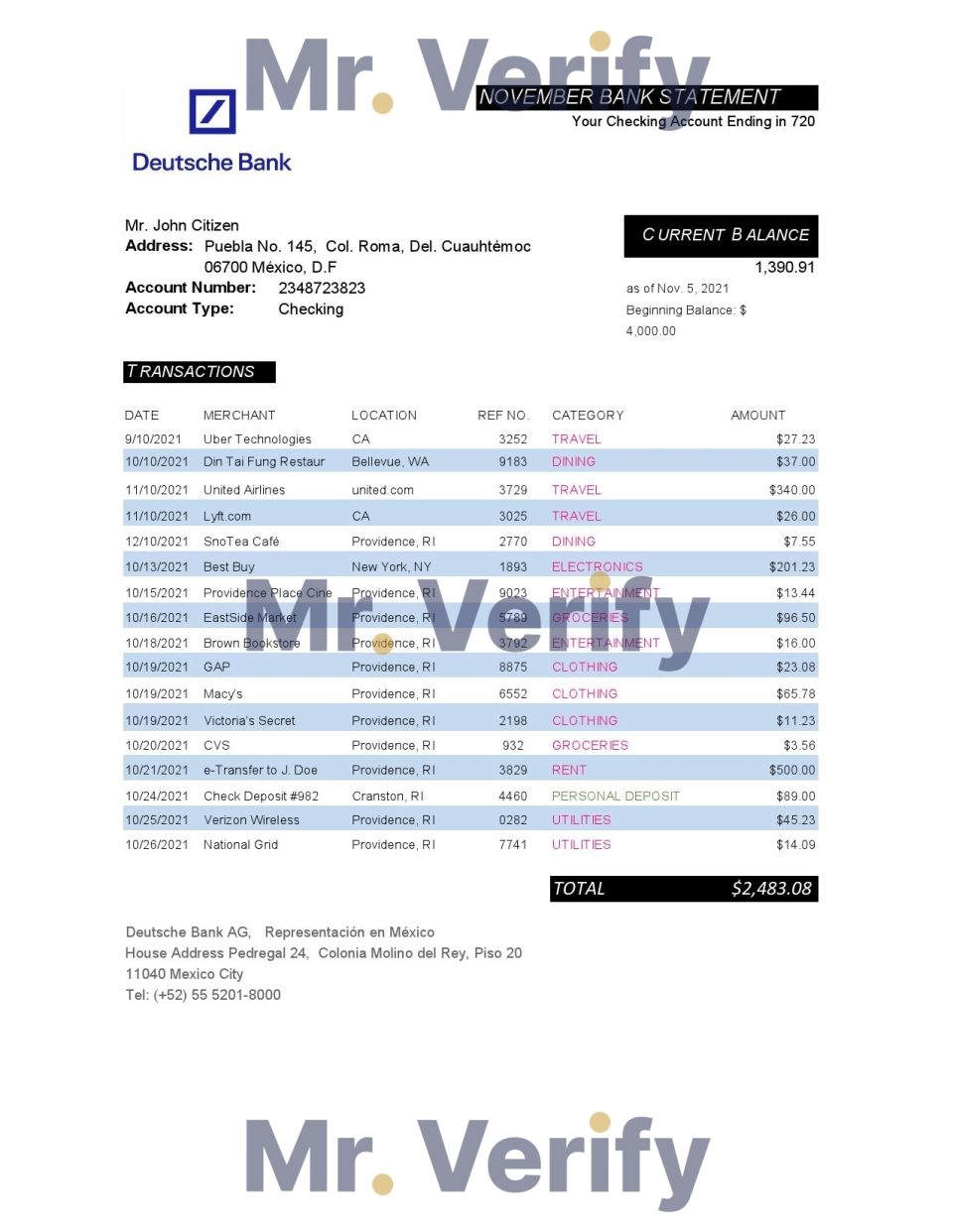 Mexico Deutsche bank statement easy to fill template in Excel and PDF format