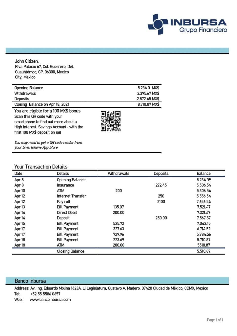 Mexico Inbursa Bank statement easy to fill template in Word and PDF format