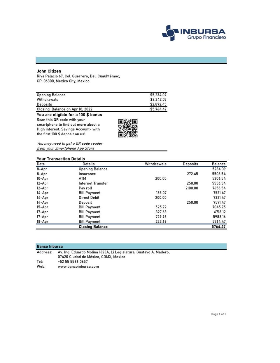 Mexico Inbursa bank statement Excel and PDF template, version 2