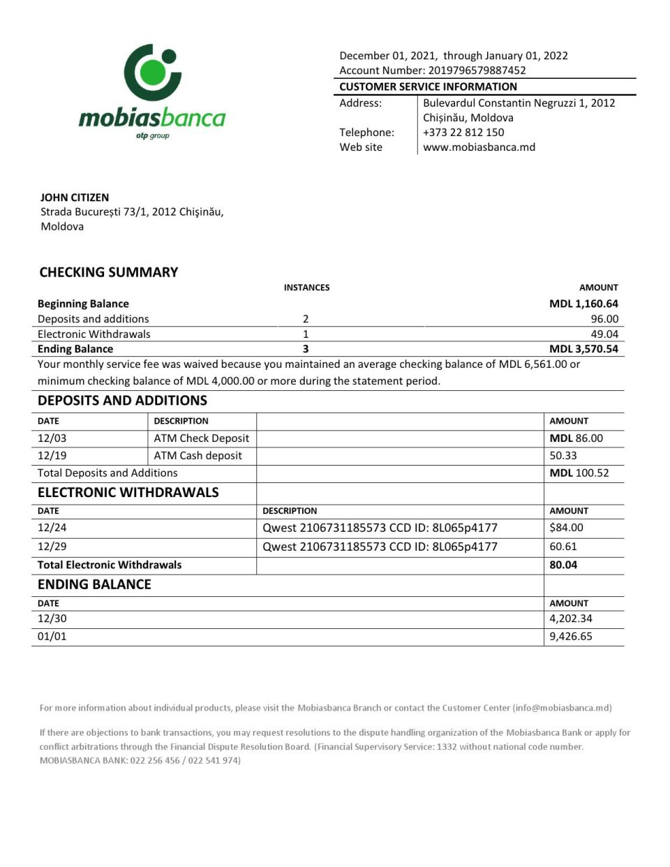 Moldova Mobiasbanca bank statement template in Word and PDF format