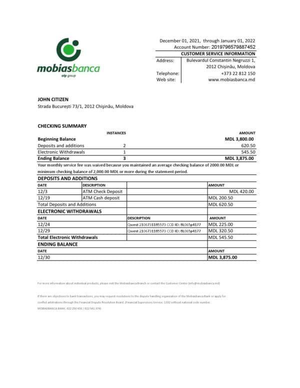 Moldova Mobiasbanca bank statement Excel and PDF template