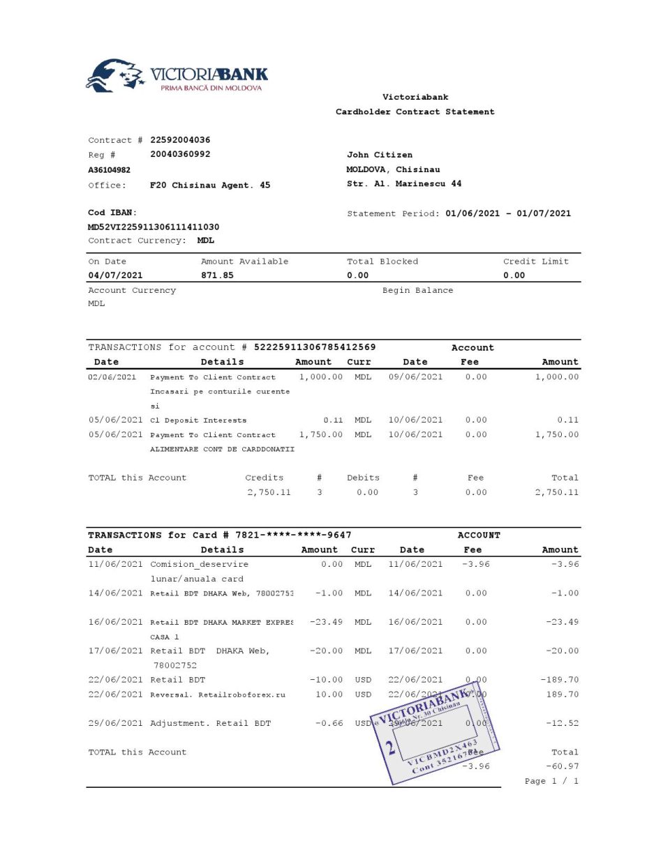 Moldova Victoriabank bank statement easy to fill template in Excel and PDF format