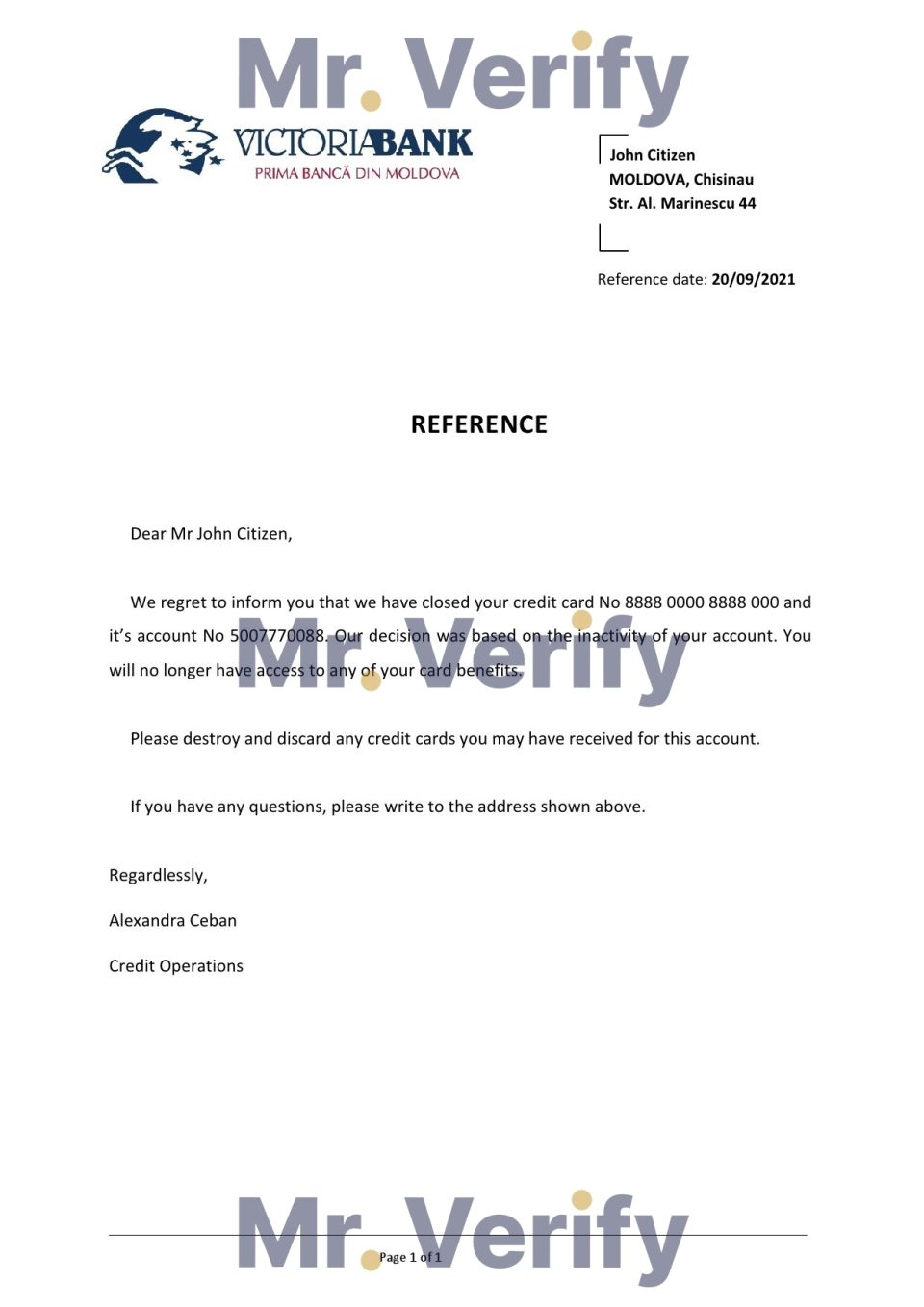 Download Moldova Victoriabank Bank Reference Letter Templates | Editable Word