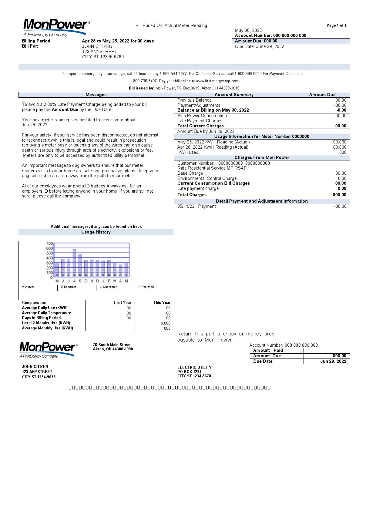 USA Mon Power utility bill template in Word and PDF format