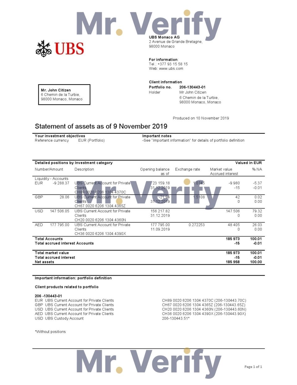 Monaco UBS bank proof of address statement template in Word and PDF format (.doc and .pdf)
