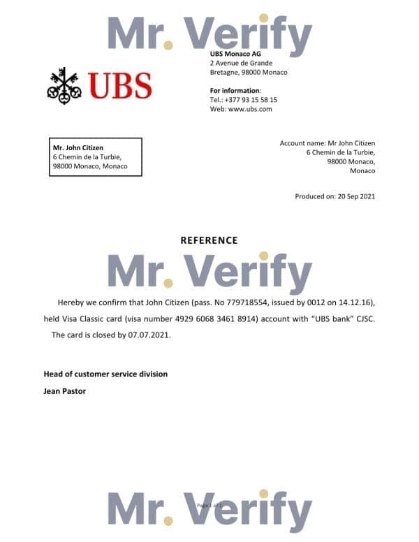 Download Monaco UBS Bank Reference Letter Templates | Editable Word