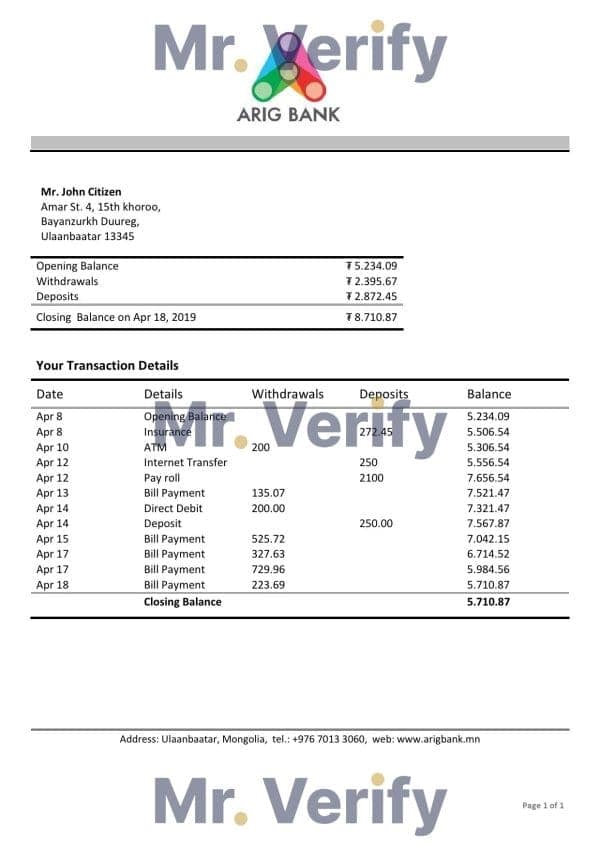 Mongolia Arig Bank proof of address statement template in Word and PDF format