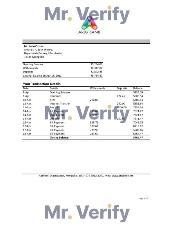 Mongolia Arig Bank statement easy to fill template in .xls and .pdf file format