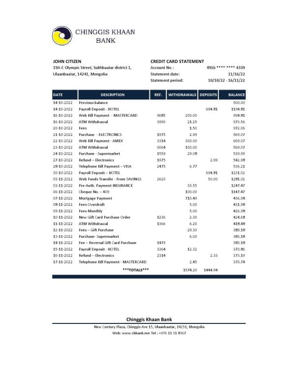 Mongolia Chinggis Khaan bank Excel and PDF template