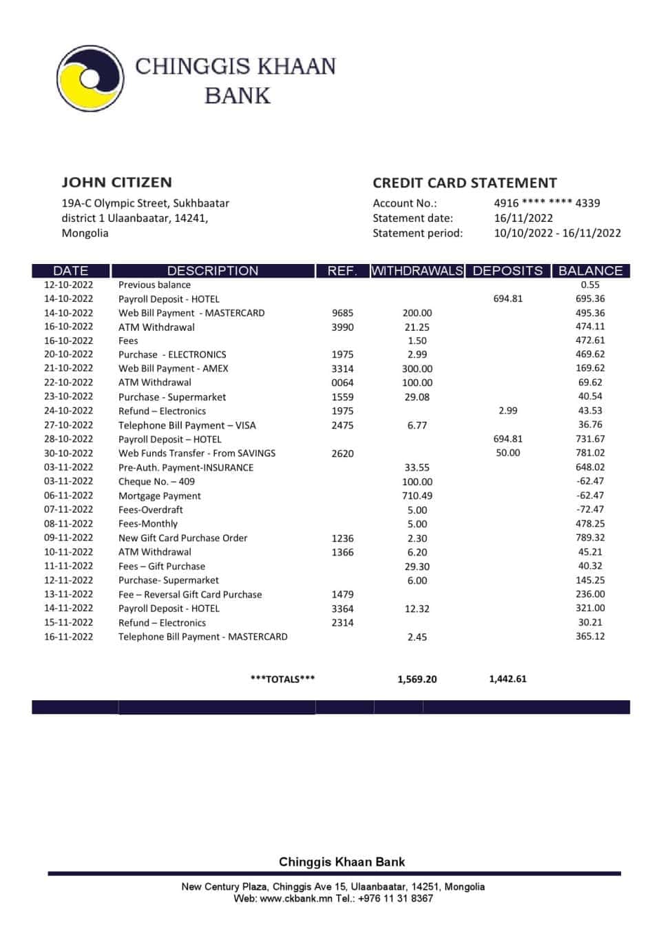 Mongolia Chinggis Khaan bank statement template in Word and PDF format
