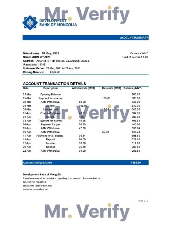 Mongolia Development Bank of Mongolia bank statement easy to fill template in .xls and .pdf file format