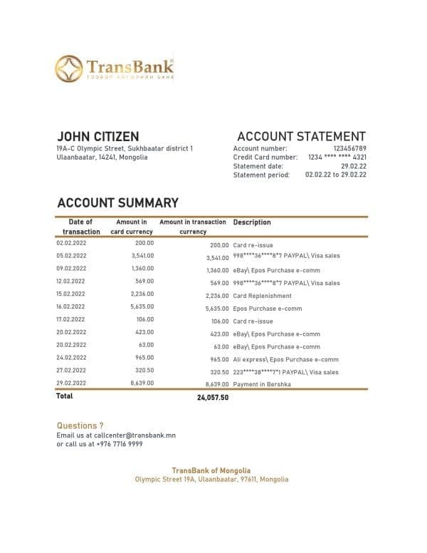 Mongolia Transbank bank statement Excel and PDF template