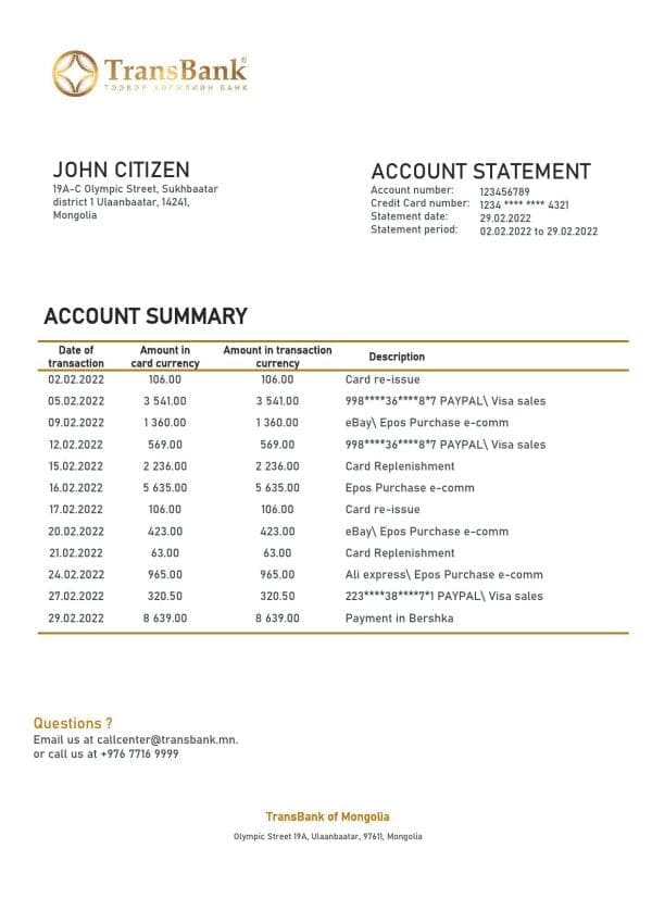 Mongolia Transbank bank statement template in Word and PDF format