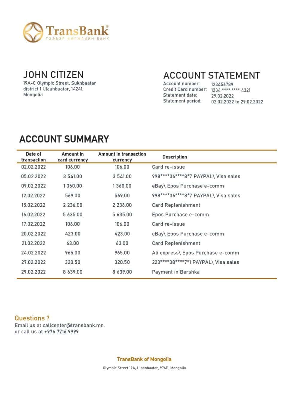 Mongolia Transbank bank statement template in Word and PDF format