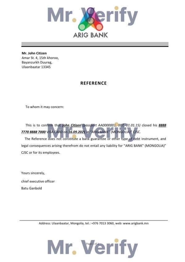 Download Mongolia Arig Bank Reference Letter Templates | Editable Word