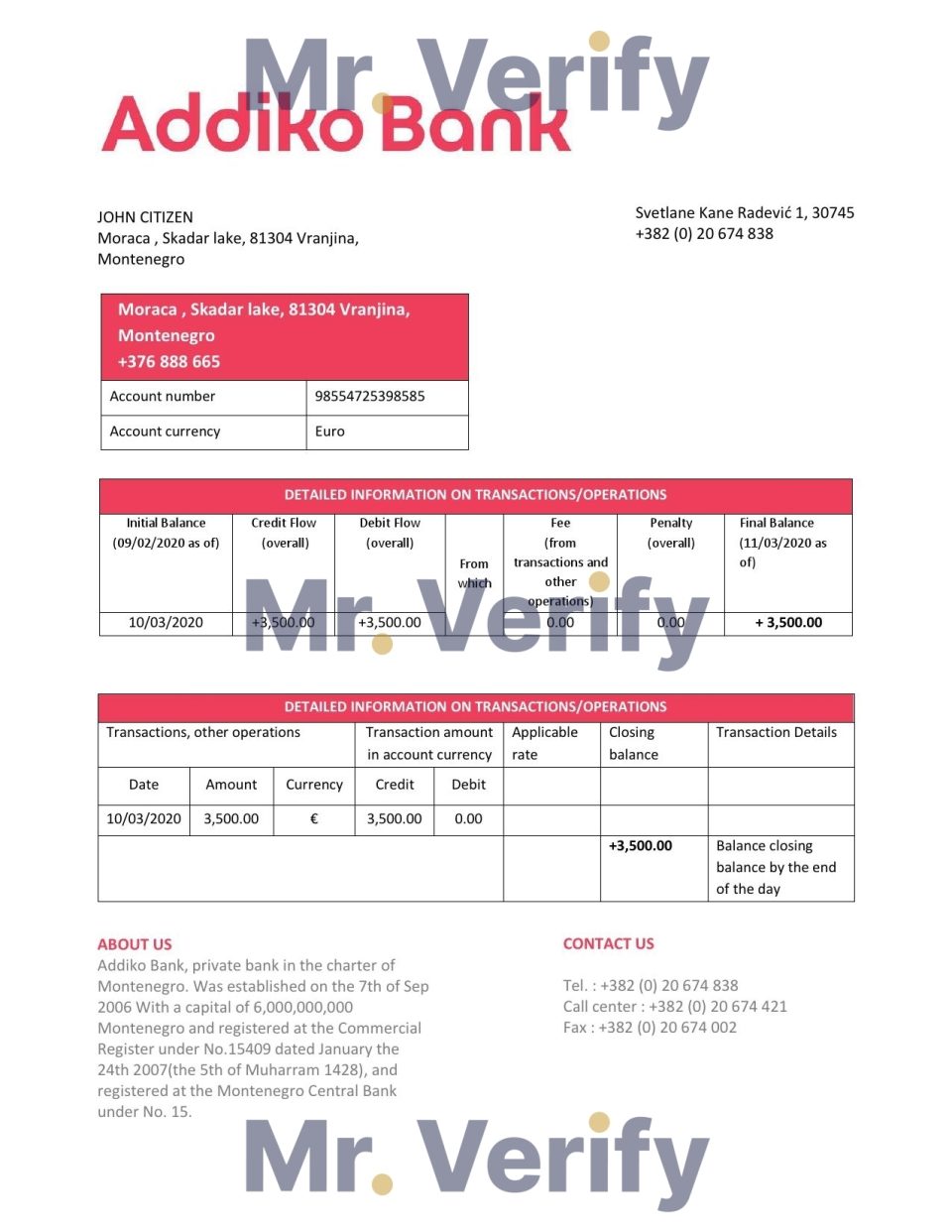 Montenegro Addiko Bank proof of address statement template in Word and PDF format, .doc and .pdf format