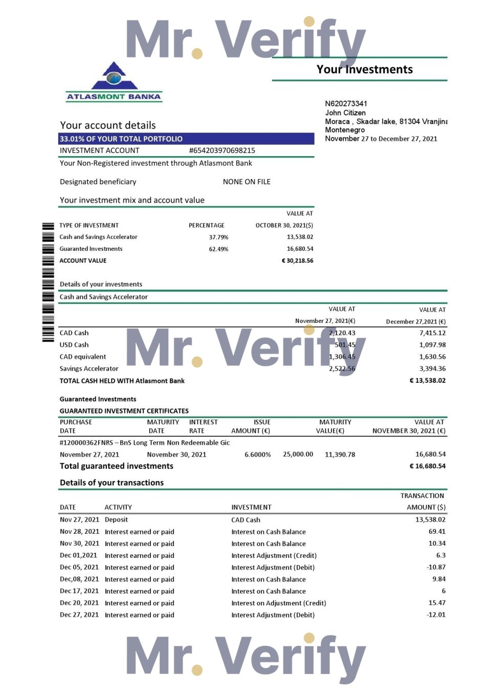 Montenegro Atlasmont Bank statement template, Excel and PDF format (.xls and .pdf)