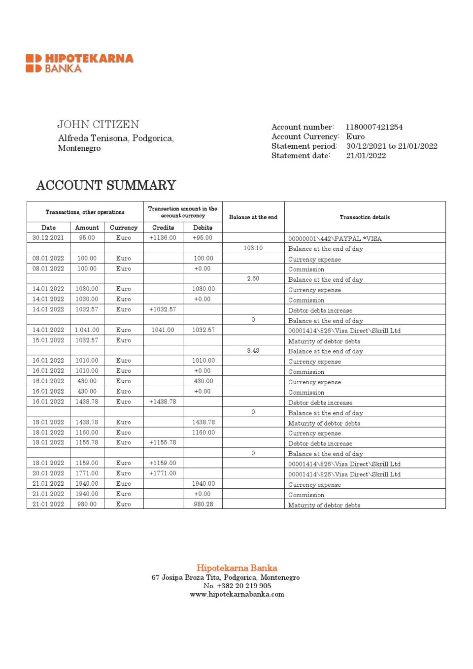 Montenegro Hipotekarna bank statement template, Word and PDF format (.doc and .pdf)