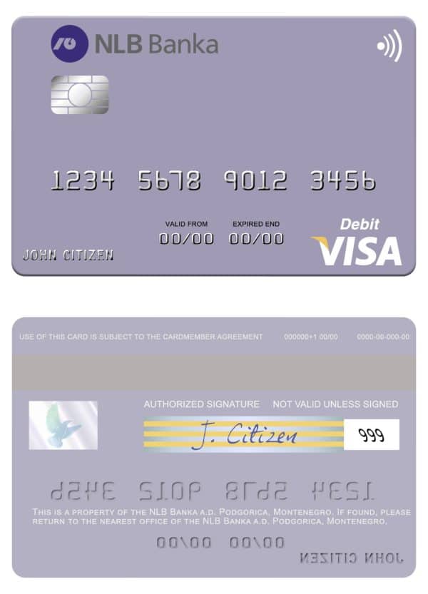 Editable Montenegro NLB Banka a.d. Podgorica bank visa debit card Templates in PSD Format