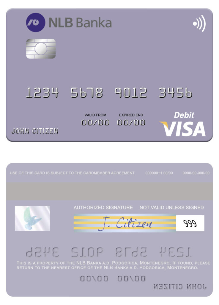 Editable Montenegro NLB Banka a.d. Podgorica bank visa debit card Templates in PSD Format