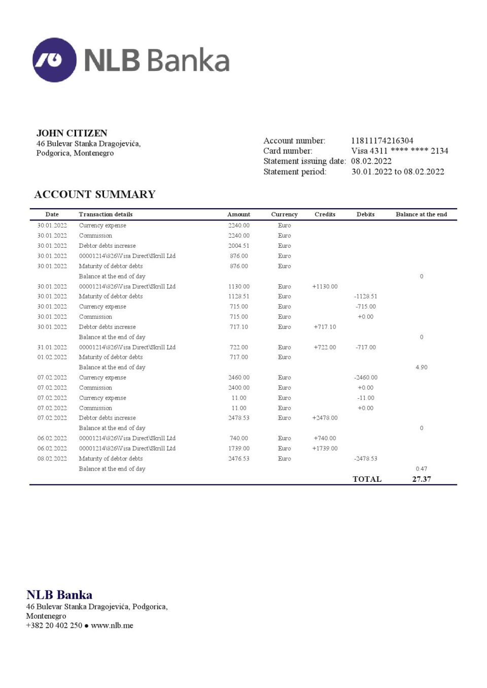 Montenegro NLB bank statement template, Word and PDF format (.doc and .pdf)