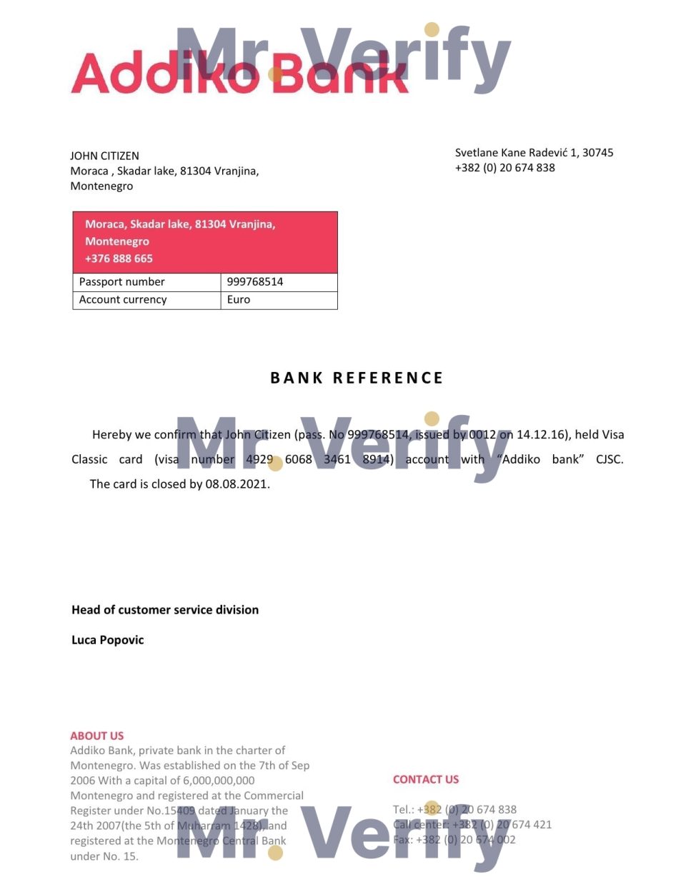 Download Montenegro Addiko Bank Reference Letter Templates | Editable Word